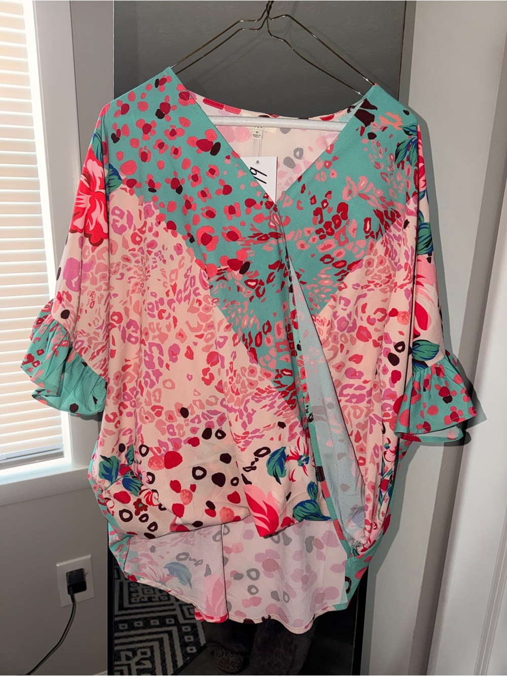 JODIFL Pink & Teal Floral V-Neck Blouse